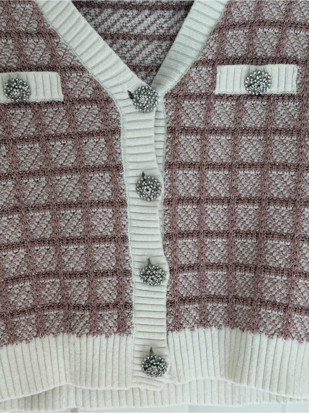 Love Republic White Pink Silver Plaid Cardigan Jewel Buttons XS - Picture 5 of 9